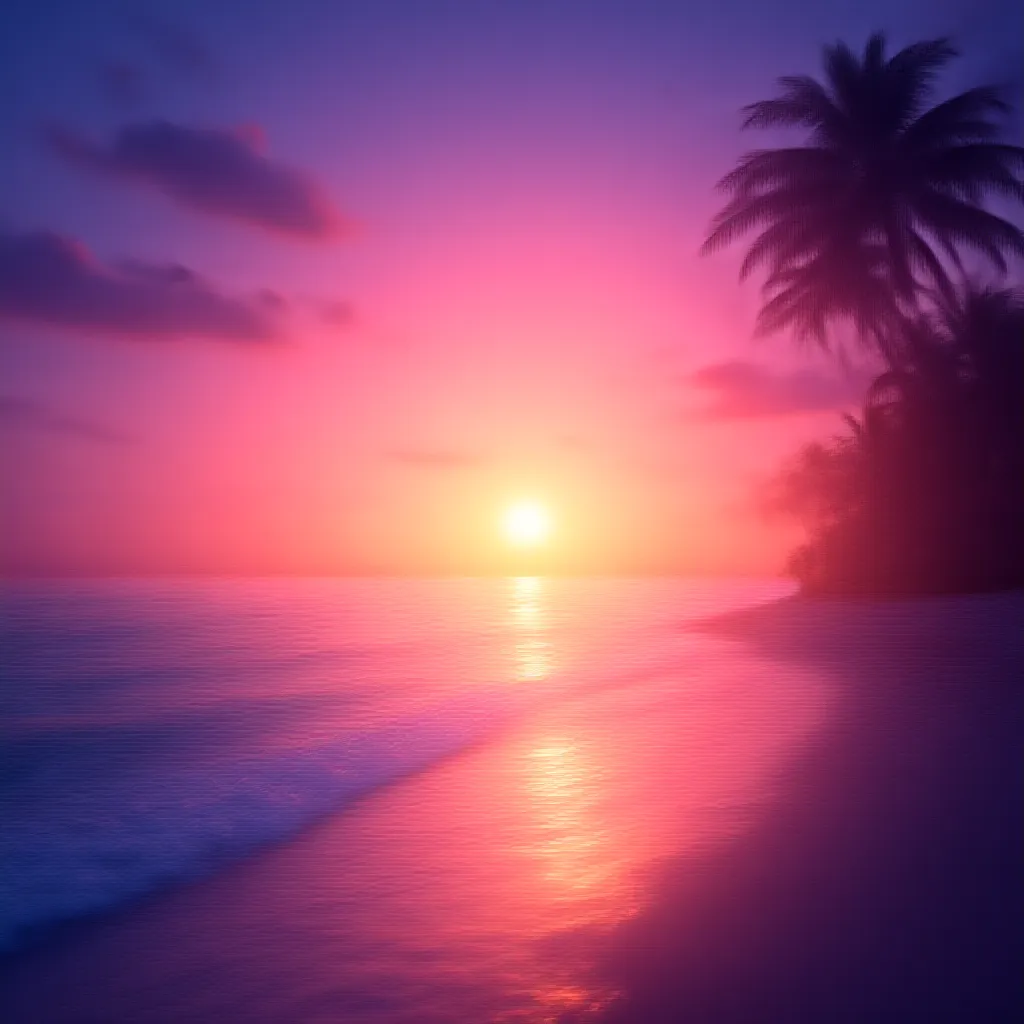 As the day slowly fades into the realm of dusk, you find yourself at the edge of a spectacular onslaught of nature's beauty - a beach sunset. The sky above, a wide canvas, paints a vibrant mix of hues - serene shades of pinks, purples, and oranges that stretch out as far as the eye can see. Below, the tranquil ocean graciously mirrors the enchanting panorama, gently serenading the setting sun to sleep. The lonely kite flying above, silhouetted against the multicolored backdrop, adds a delightful touch of whimsy. The heavenly golden orb of light is on a steady downward trajectory towards the ocean's edge, its radiant beams dancing across the rippling waves and drawing a shimmering path that seemingly leads to the heart of the sun itself. The cool, salty breeze rustles through the nearby palm trees, amplifying the soothing soundtrack of the rhythmic waves. As twilight descends, it weaves a captivating spell of tranquility, making the witnessing of this beach sunset, a timeless, unforgettable spectacle.
