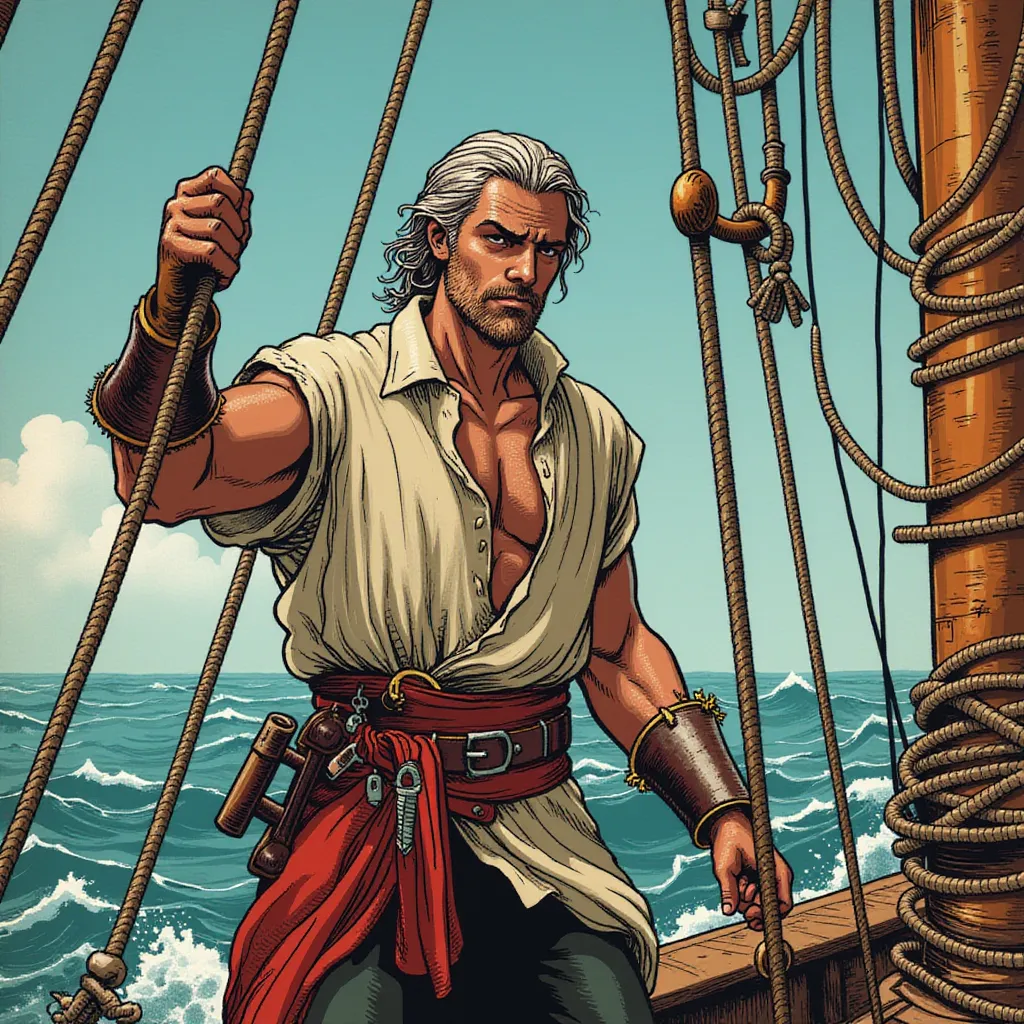 In the midst of a turbulent, open sea, a dedicated and tirely pirate boatswain commands the attention of his crew members as they engage in a urgent repair of the ship's towering mast. This strong, influential figure stands boldly, one hand firmly gripping a weathered rope, while his other hand moves swiftly, gesturing and directing the operations with unspoken authority. He is clad in a worn, sleeveless shirt battered by the salty sea mist and harsh weather conditions, its fabric sticking to his muscular frame. 

The thick, leather, tool belt around his waist holds an array of nautical equipment, betraying the hard labor that comes with his role. In preparation for the rough work, his hands are guarded by sturdy gloves, battered and worn from countless similar endeavors. His battle-hardened face, etched with faint, linear scars accumulated over years at sea, is an embodiment of unwavering determination and single-minded leadership. 

The background is a symphony of nautical elements, a tangle of numerous ropes and antique pulleys, silently bearing testament to many a sea-bound repair. Beyond this is the vast azure sea, its surface dotted with the white caps of raging waves beneath the azure sky. The envisaged image is waist-up, focusing on the central figure and giving vibrant life to his dedication, leadership, and the relentless pursuit of his mission. in the style of TOK a trtcrd tarot style