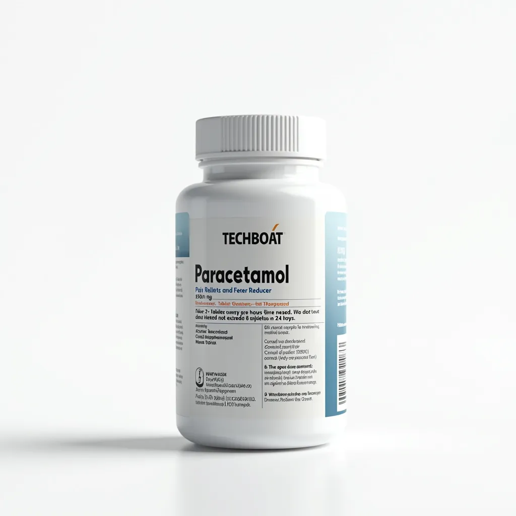 A sleek medical supplement bottle for paracetamol on a white background. The bottle features the text logo 'TECHBOAT' at the top in a clean font. The label includes clear and detailed information: 'Paracetamol 550mg' prominently displayed, followed by 'Pain Reliever and Fever Reducer.' Dosage instructions such as 'Take 1-2 tablets every 6 hours as needed. Do not exceed 8 tablets in 24 hours.' Warnings like 'Keep out of reach of children,' 'Consult a doctor if symptoms persist,' and 'Do not use with other acetaminophen products.' Additional details include storage instructions, 'Store in a cool, dry place,' and a barcode at the bottom. The design is minimalistic with a white and subtle accent color scheme. Soft lighting highlights the bottle, giving it a professional and premium look and label text should be clear