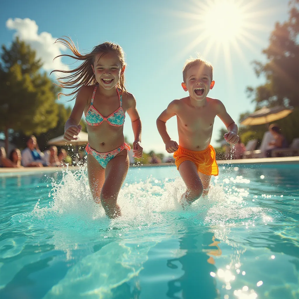 In the radiant brilliance of a sun-drenched day, a spirited young girl and an adventurous boy find themselves at the edge of a glistening swimming pool, laughter echoing around them. The pool's azure water glimmers as it calmly mirrors the clear sky above, reflecting the streaks of white clouds and the golden highlights of the sun. Footsteps interweave with the rhythmic chorus of splashing water, filling the air with delightful chaos and anticipation. Their enthusiastic faces are lit up with exhilarating excitement, their muscles tensed with the imminent triumph of release. Dressed in vibrant, water-appropriate attire, their bodies glisten with droplets of the previous dips they had in the pool. With the spirit of reckless youth fueling them, the pair are captured, mid-stride, sprints morphing into takeoffs as they prepare to dive headlong into the welcoming cool of the swimming pool. in the style of TOK a trtcrd tarot style