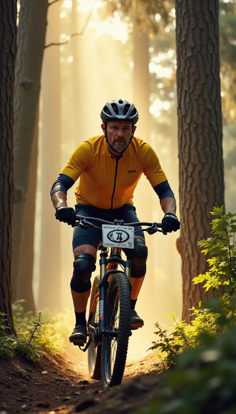A middle-aged man dressed in a bright cycling suit is riding a mountain bike through a densely wooded trail. The striking sunlight filtering through the towering trees casting long, streaky shadows over him. He is wearing protective gear - a sturdy helmet, knee and elbow pads, and a pair of gloves. Through the winding path, he maneuvers skillfully, his intense focus mirrored in his determined eyes. The fantastically cool wind blusters against his face, making his cycling experience adventurous and exhilarating. His muscular legs pedal rhythmically, each revolution synonymous with the racing pace of his heart. in the style of TOK a trtcrd tarot style