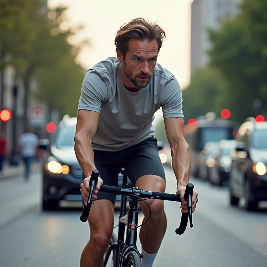 An adult man energetically pedaling a sleek, modern bicycle down a bustling city street, his focused gaze fixed on the road ahead. The soft breeze ruffles his hair as he maneuvers between the cars, displaying a level of skill that comes only from regular practice, his muscles straining with the exertion. Even amidst the urban chaos, there are hints of freedom in his movement - a testament to his love for bike-riding.
