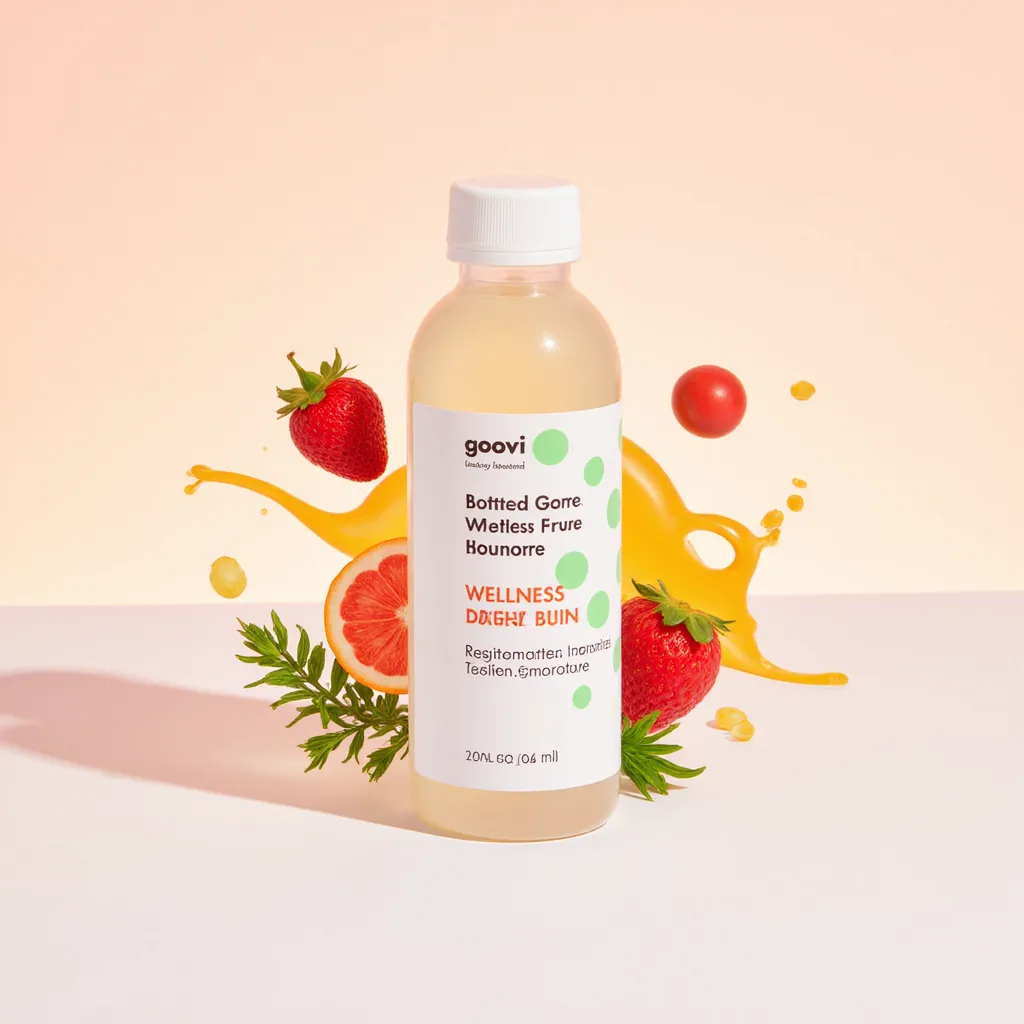 GOOVI wellness drink bottle, placed on a pastel background, with splashes of fresh fruits and herbs around it, showcasing a clean, modern, and health-focused design.