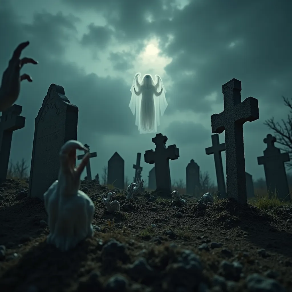 An eerie graveyard under a cloudy night sky, with tombstones half-buried in the earth. A ghostly apparition floats between the graves, while pale hands seem to emerge from the soil, reaching for the surface.