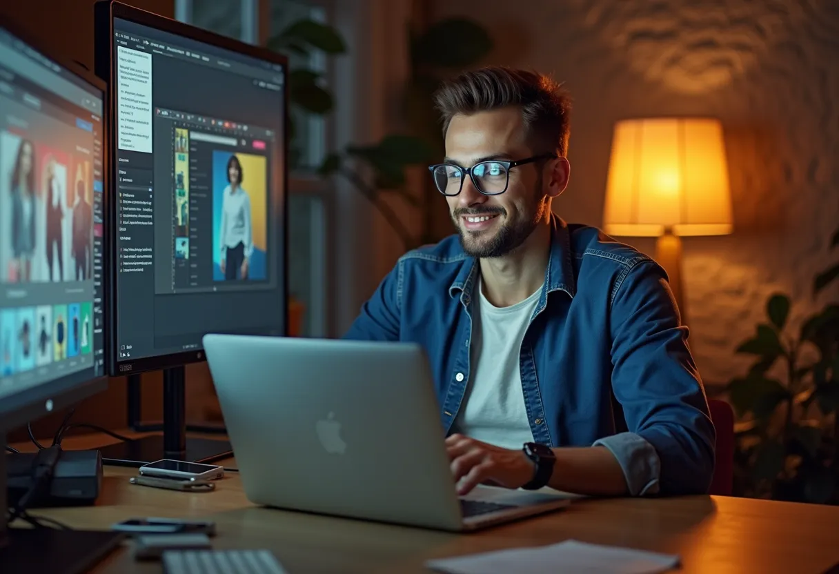 create clothing design studio digital studio in laptop who's running a young man and digital studio screen should be visible