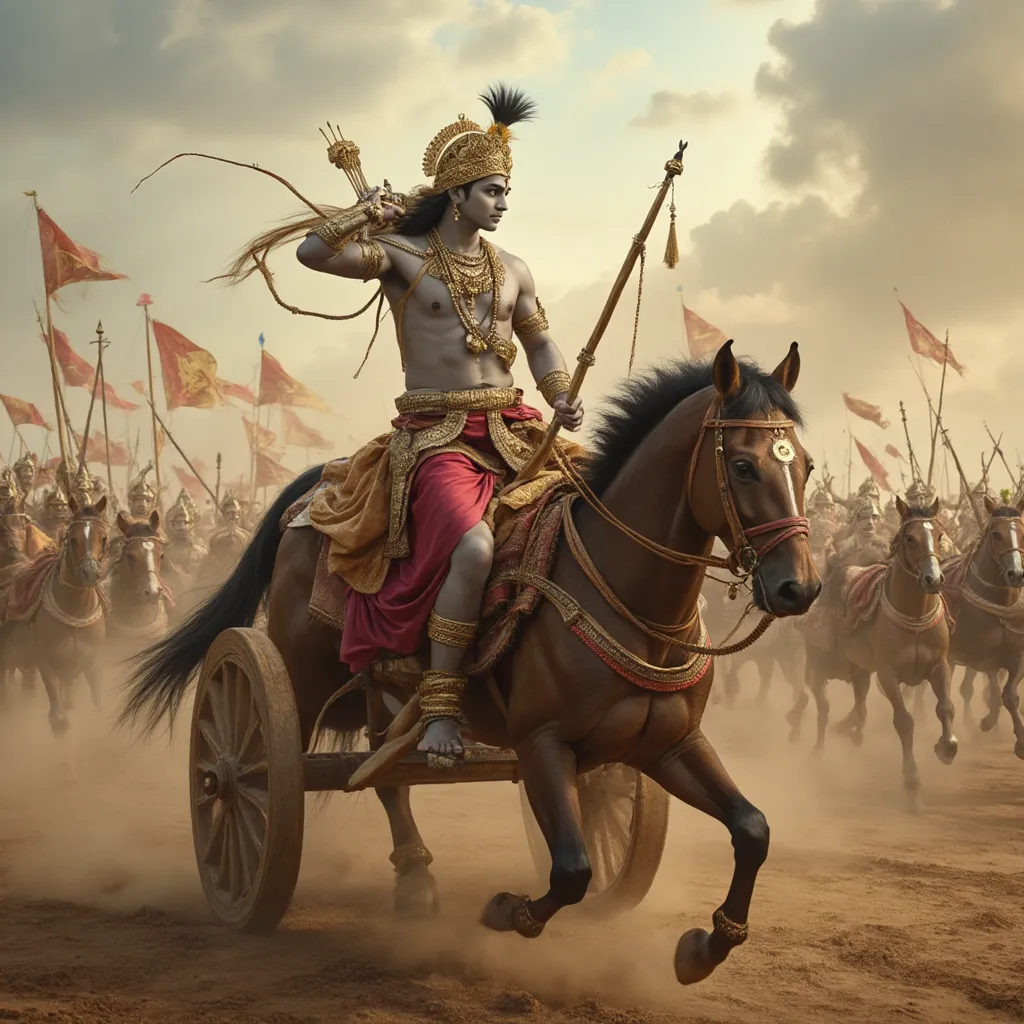 A descriptive image of Shree Krishna and Arjuna during the epic Mahabharata war. The image presents a vivid scene where Shree Krishna is in charge of steering the chariot, or 'rath', with utmost agility and mastery. Seated at the front of the 'rath', He exhibits a calm and fearless demeanor. Meanwhile, Arjuna, the archer prince, stands tall at the back of the chariot. He is captured in the midst of a ferocious fight against his adversaries, the Kauravas. The intensity of battle and the stalwart camaraderie between Shree Krishna and Arjuna are the main highlights of the image, echoing the iconic Bhagavad Gita scene. Arjuna, filled with determined valor, is completely engrossed in the war, showcasing his exceptional archery skills, while Krishna balances the momentum guiding the chariot through the war chaos.