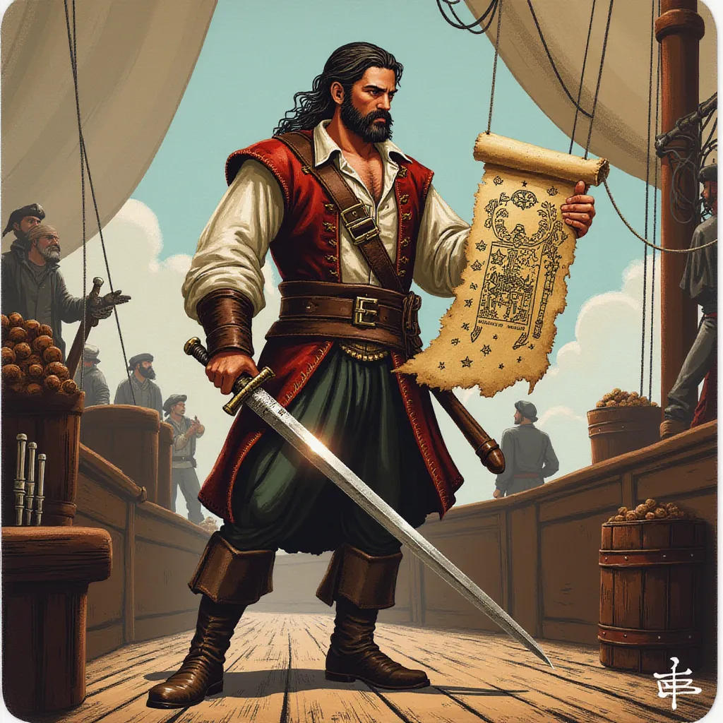 Standing tall and resolute on the weathered deck of a seasoned ship is the pirate quartermaster, the embodiment of determination and audacity. His robust figure is dressed in an eye-catching, distressed leather vest that bears testimonies of many thrilling adventures in the high seas. The vest is well-complemented by a robust leather belt that securely holds an array of intimidating pistols, ready for any immediate threat. A pair of worn, sturdy boots encase his feet, echoing his readiness for grand adventures and frightening storms alike.

In one sinewy hand, he grasely clings to a well-traveled treasure map, each crease and fold on the parchment whispering stories of riches imagined and treasures buried deep. Unwaveringly, he points towards the intricate lines and cryptic symbols sketched on this elusive guide, clearly denoting an uncanny understanding of hidden secrets and a keen eye for unnoticed treasures. 

His other hand deftly holds the hilt of a glistening sword, its blade a lethal promise of steel and iron, forged through countless battles and deadly duels. The grip on his weapon is firm and confident, an evident proclamation of his unmatched combat skills and unyielding will.

The quartermaster's facial expression is a captivating canvas of assertion and deep calculations, a remarkable display of utter focus and strategic planning. His piercing gaze and measured smirk reflect a strong leadership quality, one that can command a crew of misfits into an undefeatable pirate army.

The background paints a rustic picture of life at sea. Barrels filled with essential supplies are stacked artistically on the deck. Crew members, only visible form the waist up, are engrossed in their respective tasks. They exhibit a diligent rhythm in their work – a well-rehearsed symphony of survival on the high seas under the watchful eyes of their trusted quartermaster. in the style of TOK a trtcrd tarot style