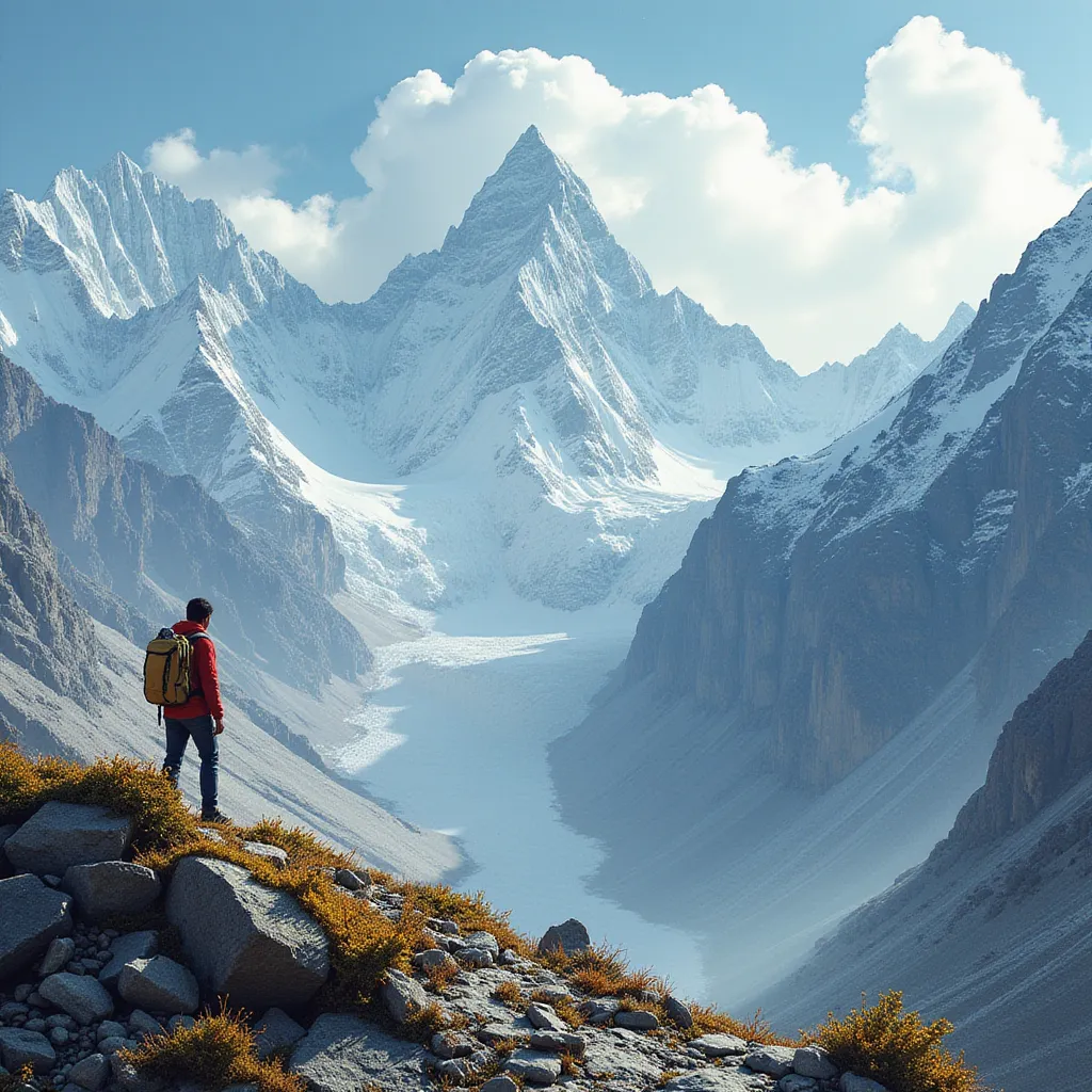 A lone adventurer, determined and focused, is scaling the challenging terrains surrounding Kedarnath Dham in the enchanted Himalayan ranges of Northern India. Engulfed by towering, snow-kissed peaks and vast expanses of untouched nature, he is on an intrepid journey to reach this revered Hindu temple, a site that is a vital part of the Chota Char Dham pilgrimage circuit. During his climb, he encounter a vivid spectrum of flora and fauna, which captivates him with its pure and untouched beauty. Despite the obstacles which include both perilous pathways and unpredictable weather, his steely resolve fuels his adventurous spirit, pushing him beyond his physical boundaries to the ultimate destination in his spiritual quest. in the style of TOK a trtcrd tarot style