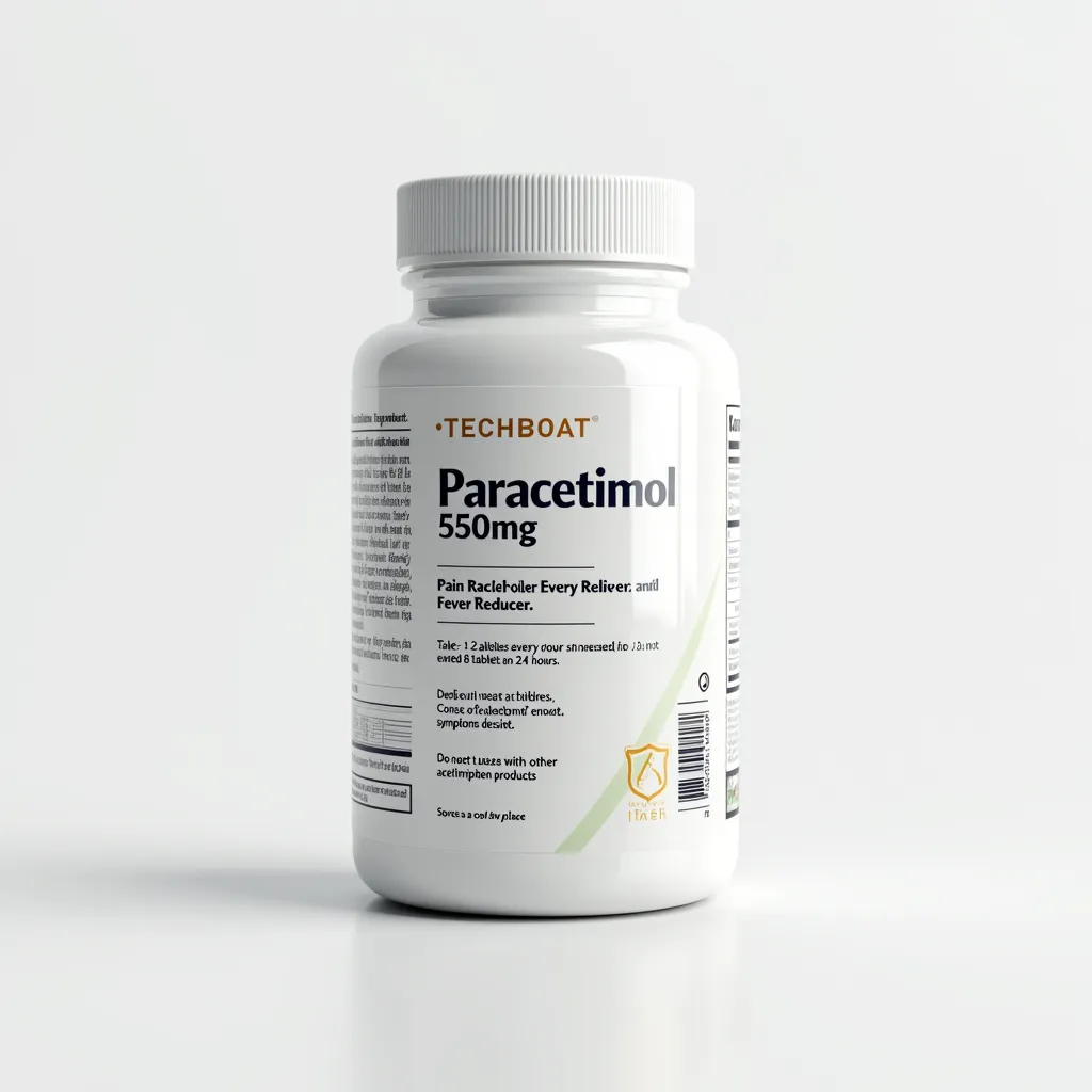 A sleek medical supplement bottle for paracetamol on a white background. The bottle features the text logo 'TECHBOAT' at the top in a clean font. The label includes clear and detailed information: 'Paracetamol 550mg' prominently displayed, followed by 'Pain Reliever and Fever Reducer.' Dosage instructions such as 'Take 1-2 tablets every 6 hours as needed. Do not exceed 8 tablets in 24 hours.' Warnings like 'Keep out of reach of children,' 'Consult a doctor if symptoms persist,' and 'Do not use with other acetaminophen products.' Additional details include storage instructions, 'Store in a cool, dry place,' and a barcode at the bottom. The design is minimalistic with a white and subtle accent color scheme. Soft lighting highlights the bottle, giving it a professional and premium look and label text should be clear