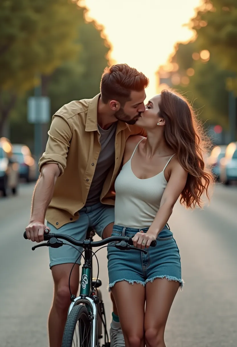 a man riding a bicycle with their girlfriend and also kissing her