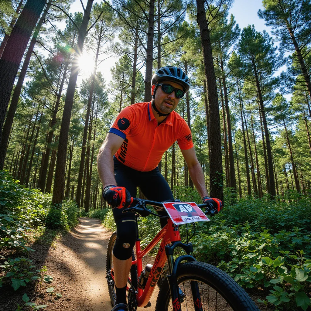 A middle-aged man dressed in a bright cycling suit is riding a mountain bike through a densely wooded trail. The striking sunlight filtering through the towering trees casting long, streaky shadows over him. He is wearing protective gear - a sturdy helmet, knee and elbow pads, and a pair of gloves. Through the winding path, he maneuvers skillfully, his intense focus mirrored in his determined eyes. The fantastically cool wind blusters against his face, making his cycling experience adventurous and exhilarating. His muscular legs pedal rhythmically, each revolution synonymous with the racing pace of his heart. in photo style