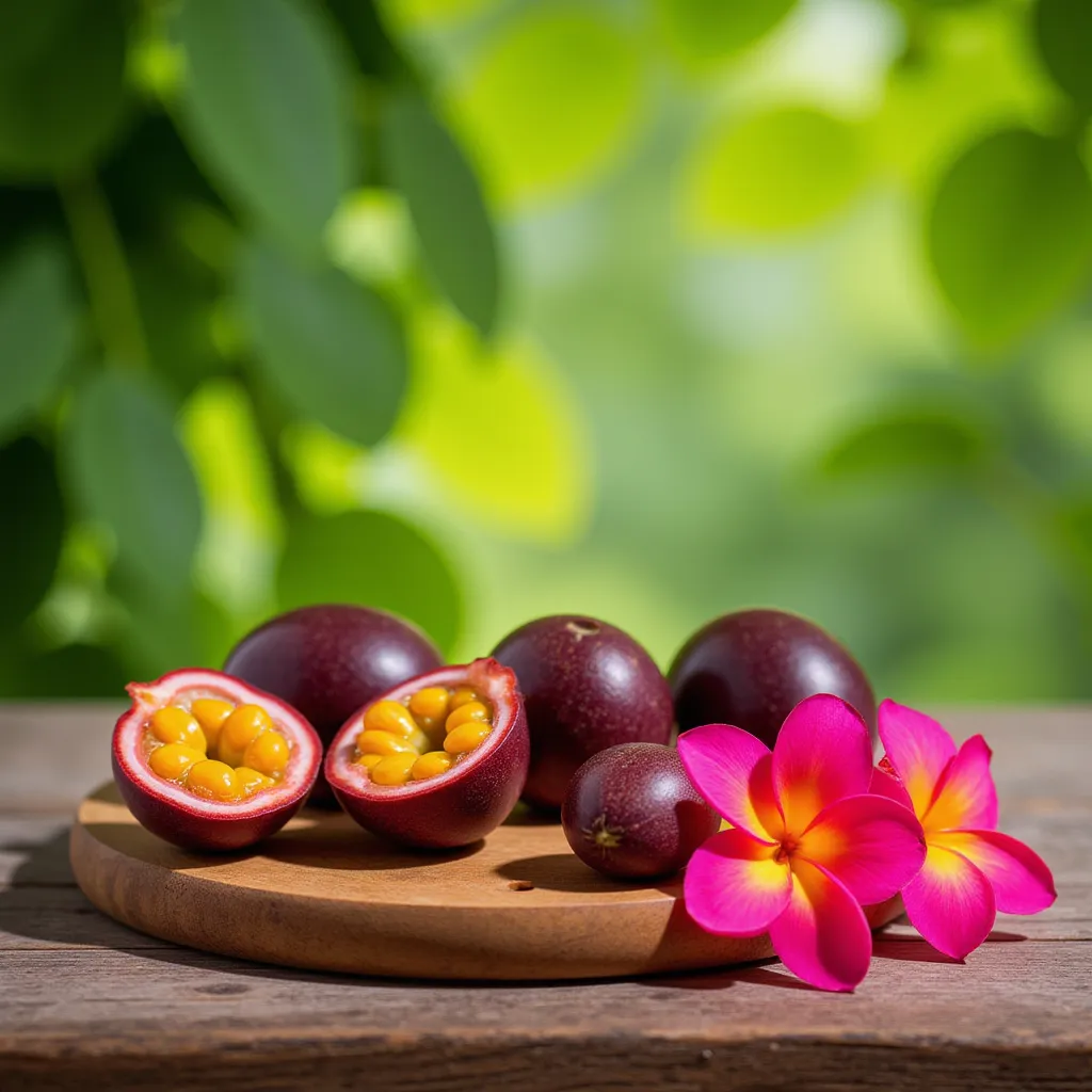 Vibrant and colorful still life photograph featuring a rustic wooden table as the base. On the table, there is a round wooden platter holding several passion fruits, one of which is cut open to reveal its bright yellow, seed-filled interior. The passion fruits have a deep purple exterior. Surrounding the fruits are vivid pink and orange plumeria flowers, adding a tropical touch to the composition. The background is softly blurred with a bokeh effect, showcasing lush green leaves and creating a serene, natural atmosphere. The lighting is warm and soft, highlighting the textures and colors of the fruits and flowers, and casting gentle shadows on the table surface. The overall layout is balanced and aesthetically pleasing, with a harmonious blend of natural elements and colors.