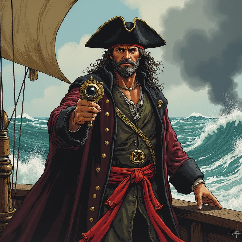 A confident and daring pirate captain, standing resolute on the weathered deck of a grand, centuries-old wooden vessel, is donned in the traditional attire of his high status. His dark, worn tricorn hat sits at a jaunty angle on his head, a symbol of his authority and adventurous spirit. Firmly gripped in one weather-beaten hand, he holds an ornate yet functional spyglass, polished to a gleaming shine, ever ready to scout distant threats or promising possibilities. 

His strikingly stern yet magnetic expression is a captivating mixture of experienced wisdom and tenacity. A rugged beard that hints at many high-seas adventures adds to his charismatic aura, the salt-and-pepper growth standing out against his tanned, weathered face. Cascading over his broad shoulders and billowing in the faint yet whip-like sea breeze is a long, intricately-patterned coat; an elegant embodiment of his audacious lifestyle.

Enveloping this powerful figure is a vast expanse of swirling ocean waves, the frothy whitecaps portraying their own tales of the ruthless and untamed wild sea. In the horizon lays the ominous hint of a storm; menacing cloud formations broiling with potential fury, presenting an intriguing dichotomy of looming danger and exhilarating beauty. All these elements merge to create a tableau that is rendered in flux-style, fusing dynamic realism with impressionistic swirls, thus adding an almost surreal quality to the magnificent maritime scene. in the style of TOK a trtcrd tarot style