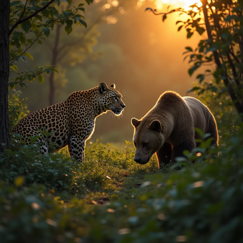 Situated deep within the heart of an isolated and untamed wilderness and bathed in the amber glow of a setting sun, a stealthy leopard marks its prey— an unsuspecting and solitary bear, oblivious to the impending mortal peril. This master assassin, the leopard, expert at camouflage and ambushing its prey, is stealthily positioned in a stance of concealed observation. Its tawny golden coat elegantly with the surroundings, making it practically invisible within the dense foliage. The atmosphere is fraught with tension, not from the observable tranquility of the wilderness, but rather from the leopard's deliberate patience and concealed, potential energy preparing for a deadly strike. 

Just a few yards away, in blissful ignorance of the peril lurking in shadows, the bear, engaged in its meal, epitomizes serenity and solitude. The bear seems engrossed within the humble ritual of its dinner, savoring the crisp sensation of the tender, luscious blades of grass. Enrobed in an untidy cloak of thick, matted fur, this formidable beast, seemingly invulnerable and pacified, is unknowingly dancing on the edge of a precipice— a leap away from the lurking life-threat. 

Secreted behind a veil of emerald leaves, becoming one with the wild environment, the leopard waits—studying the bear, tracking its frequent moves, anticipating a pattern in its habitual motions. Every muscle in its lithe body is taut with anticipation, claws razor-sharp and eyes blazing with a primal, savage hunger. Its presence is so subtly masked that the hush of wilderness turns into its accomplice, helping it devise the accurate moment to strike. Meanwhile, the bear, continued to wallow in the pleasures of his leisurely meal, remains blissfully ignorant of the hunter's imminent pounce.