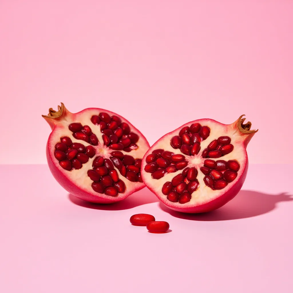 A high-resolution, close-up image featuring two pomegranates sliced cleanly in half, arranged side by side on a smooth, softly lit background in light pink (#F24B78 or #D98289). The vibrant ruby-red arils glisten with natural moisture, revealing their juicy textures and depth. The rich, textured outer rinds in deep red tones provide a warm, organic contrast. Gentle, diffused lighting enhances the glossy surfaces and casts natural shadows, emphasizing the fruit’s structure and elegance. The scene is minimal and luxurious, perfect for premium food photography with a cohesive monochromatic red-pink color palette.