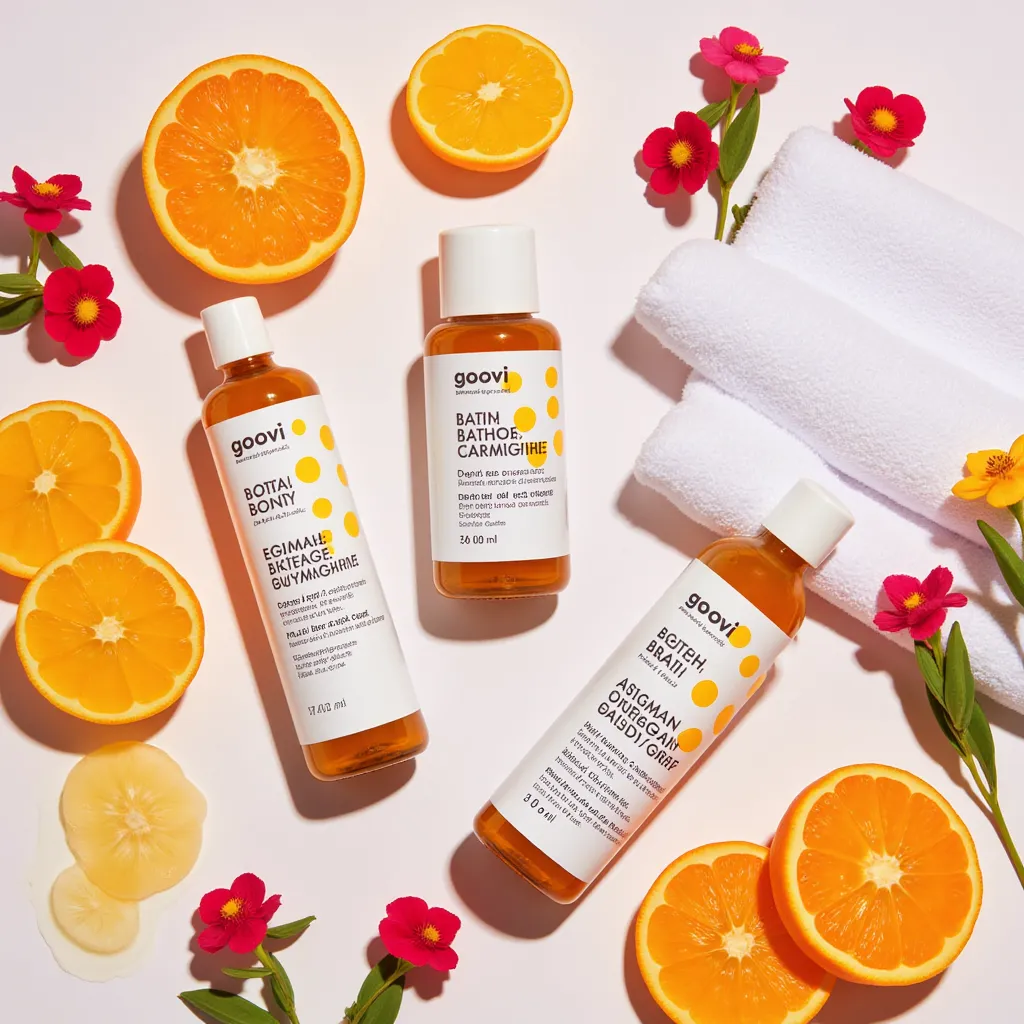 GOOVI bath and body care products in a flat-lay arrangement, complemented by citrus fruits, colorful flowers, and a soft towel, exuding freshness and vibrancy.
