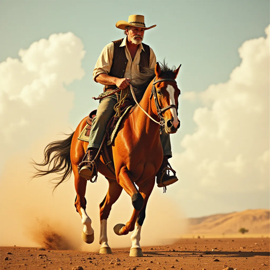A middle-aged man, clad in a tattered cowboy hat and sun-bleached attire, confidently straddling a powerful chestnut stallion as it gallops at breakneck speed across the dusty plains under the searing afternoon sun. The pair moves in perfect synchrony as the man holds on firmly to the reins, with his eyes strictly set on the distant horizon. A fascinating sense of freedom and courage can be felt as he thrusts forward, leaving a cloud of dust trailing behind them, a stunning testament to human-animal companionship.
 in the style of TOK a trtcrd tarot style