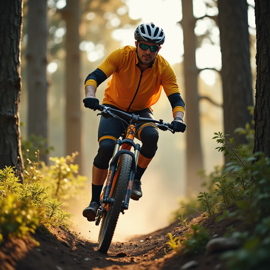 A middle-aged man dressed in a bright cycling suit is riding a mountain bike through a densely wooded trail. The striking sunlight filtering through the towering trees casting long, streaky shadows over him. He is wearing protective gear - a sturdy helmet, knee and elbow pads, and a pair of gloves. Through the winding path, he maneuvers skillfully, his intense focus mirrored in his determined eyes. The fantastically cool wind blusters against his face, making his cycling experience adventurous and exhilarating. His muscular legs pedal rhythmically, each revolution synonymous with the racing pace of his heart. in the style of TOK a trtcrd tarot style