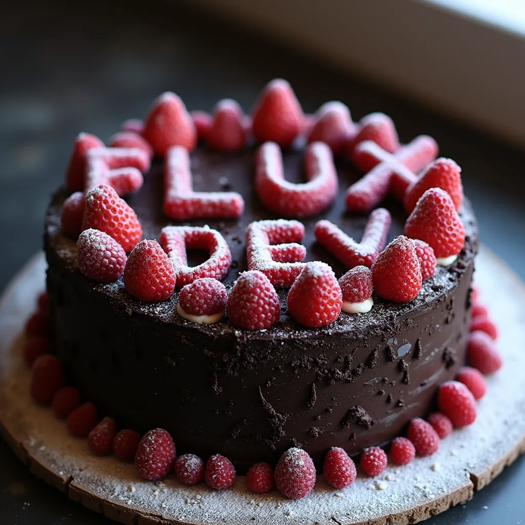 black forest gateau cake spelling out the words \"FLUX DEV\", tasty, food photography, dynamic shot