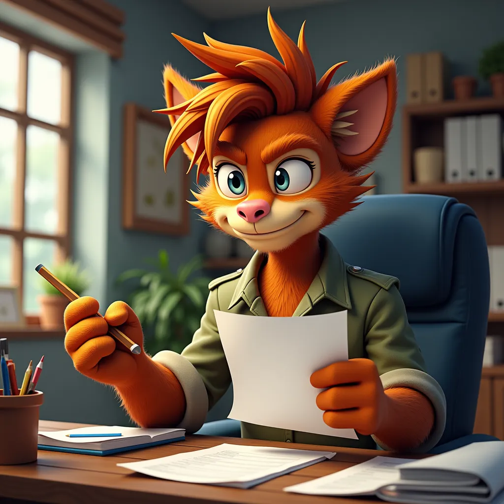 wukong, working in the office, holding a paper that writeen with 'damn,they don't need to work