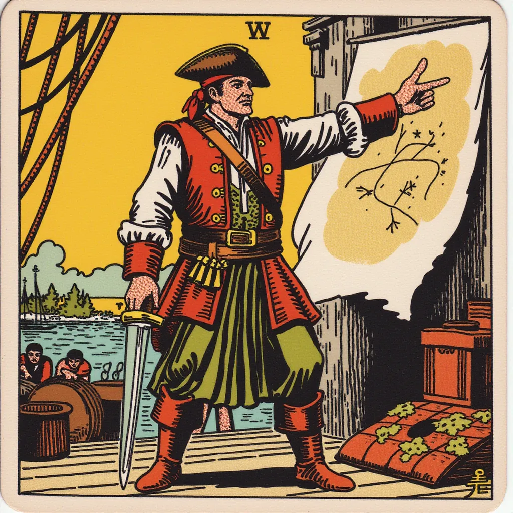 A determined pirate quartermaster standing on the deck, pointing towards a treasure map with one hand while holding a sword in the other. Dressed in a leather vest, belt with pistols, and sturdy boots. The expression is assertive and calculating, showing leadership qualities. The background features barrels of supplies and crew members working a weist-up image in the style of TOK a trtcrd tarot style