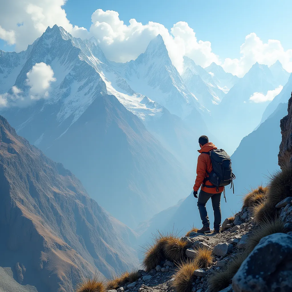 A lone adventurer, determined and focused, is scaling the challenging terrains surrounding Kedarnath Dham in the enchanted Himalayan ranges of Northern India. Engulfed by towering, snow-kissed peaks and vast expanses of untouched nature, he is on an intrepid journey to reach this revered Hindu temple, a site that is a vital part of the Chota Char Dham pilgrimage circuit. During his climb, he encounter a vivid spectrum of flora and fauna, which captivates him with its pure and untouched beauty. Despite the obstacles which include both perilous pathways and unpredictable weather, his steely resolve fuels his adventurous spirit, pushing him beyond his physical boundaries to the ultimate destination in his spiritual quest.