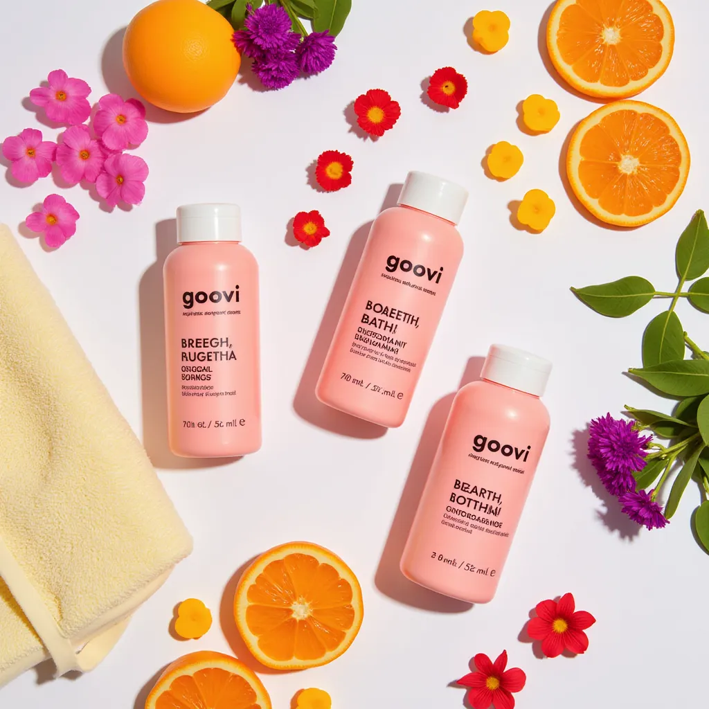 GOOVI bath and body care products in a flat-lay arrangement, complemented by citrus fruits, colorful flowers, and a soft towel, exuding freshness and vibrancy.
