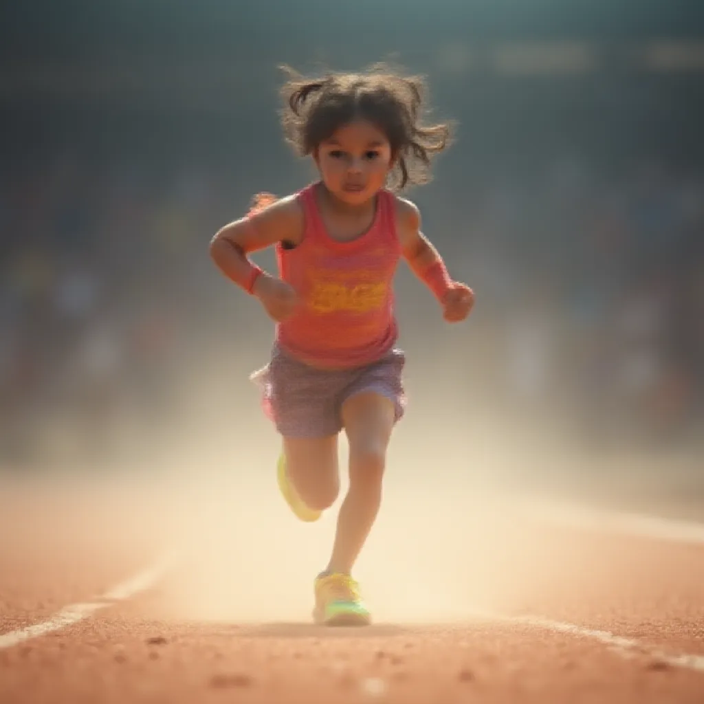 A young girl energetically running on a well-trodden athletic track, her ponytail swaying rhythmically with each stride she takes. The roar of the crowd around the arena fades into a subtle hum as she focuses on the finish line just meters away. Dressed in a vibrant running attire, and her feet clad in neon running shoes, she kicks up a flurry of dust as she pushes forward on the gravel track, her determined face reflecting the intense passion she holds for the sport.