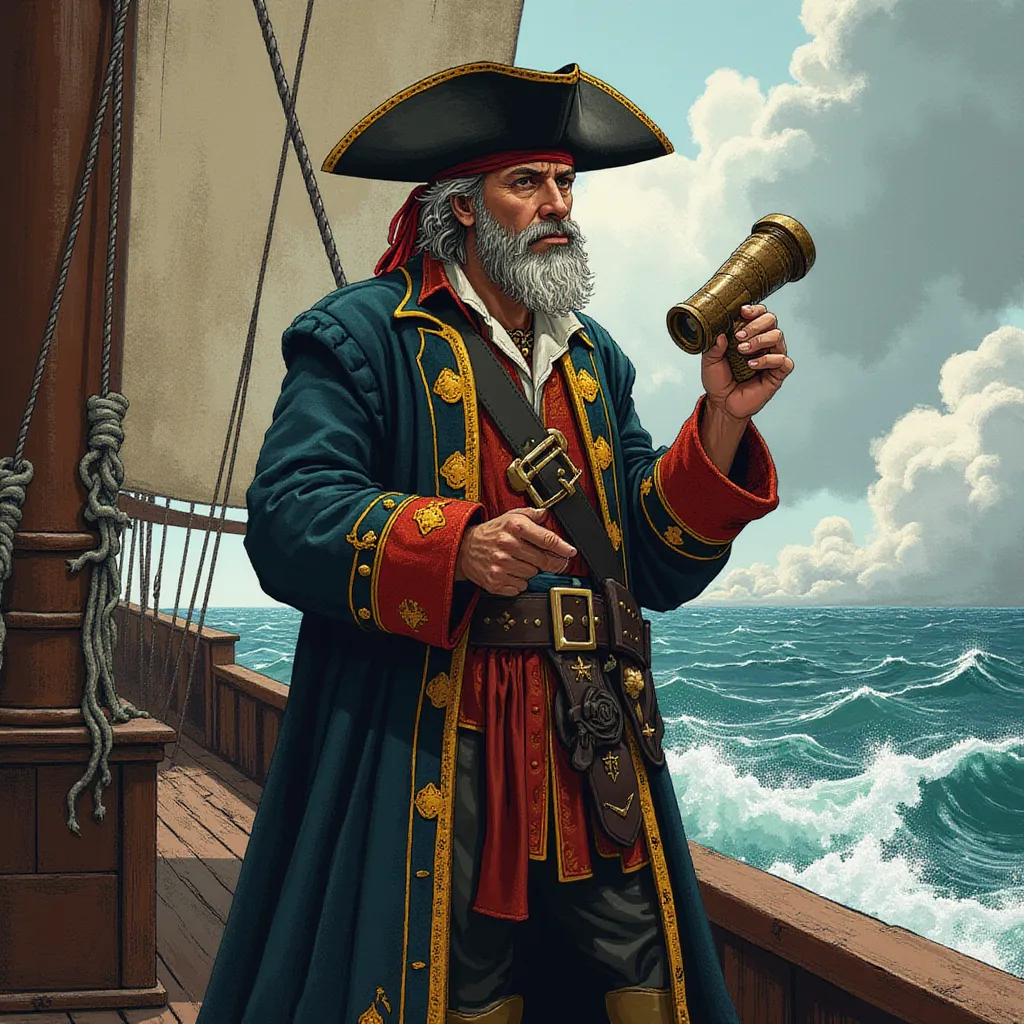 A confident and daring pirate captain, standing resolute on the weathered deck of a grand, centuries-old wooden vessel, is donned in the traditional attire of his high status. His dark, worn tricorn hat sits at a jaunty angle on his head, a symbol of his authority and adventurous spirit. Firmly gripped in one weather-beaten hand, he holds an ornate yet functional spyglass, polished to a gleaming shine, ever ready to scout distant threats or promising possibilities. 

His strikingly stern yet magnetic expression is a captivating mixture of experienced wisdom and tenacity. A rugged beard that hints at many high-seas adventures adds to his charismatic aura, the salt-and-pepper growth standing out against his tanned, weathered face. Cascading over his broad shoulders and billowing in the faint yet whip-like sea breeze is a long, intricately-patterned coat; an elegant embodiment of his audacious lifestyle.

Enveloping this powerful figure is a vast expanse of swirling ocean waves, the frothy whitecaps portraying their own tales of the ruthless and untamed wild sea. In the horizon lays the ominous hint of a storm; menacing cloud formations broiling with potential fury, presenting an intriguing dichotomy of looming danger and exhilarating beauty. All these elements merge to create a tableau that is rendered in flux-style, fusing dynamic realism with impressionistic swirls, thus adding an almost surreal quality to the magnificent maritime scene. in the style of TOK a trtcrd tarot style
