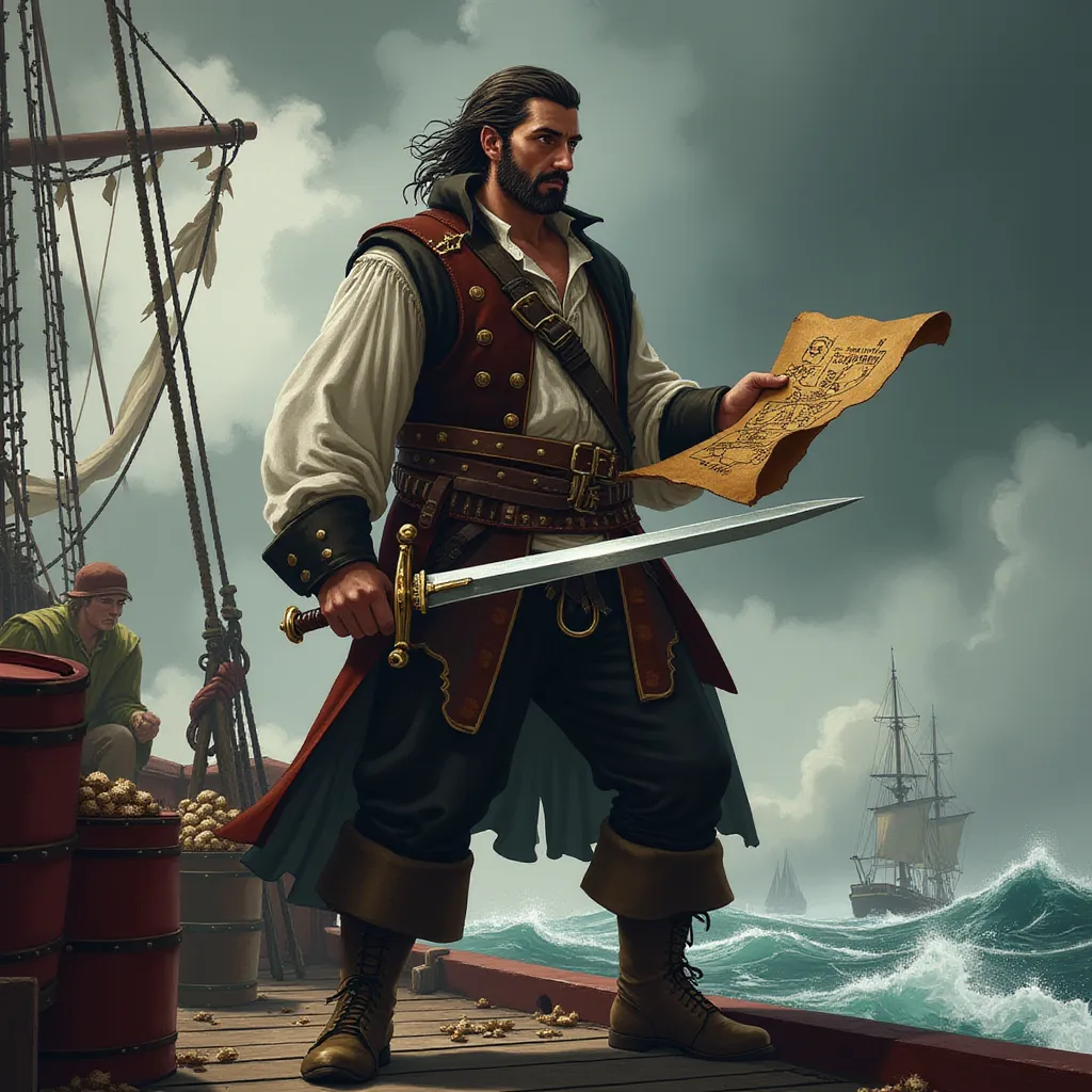 Standing resolute on the deck of his ship, amidst the uproar of the lashing seas, is a determined pirate quartermaster. His stance firm against the ship's swaying motion, his gaze unwavering, striking a commanding silhouette against the backdrop of the gloomy, storm-laden sky. In his broad, calloused hand, he tightly clutches a weathered and worn parchment - a treasure map, filled with cryptic symbols and old markings.

Artfully crafted, his outfit is the perfect blend of function and flair. He's dressed in an aged leather vest, its dark, rich hue telling tales of countless voyages and battles fought. It's worn atop a billowing white shirt, their stark contrast speaking of his persona as a formidable being. Strapped around his waist is a sturdy belt with couple of loaded antique flintlock pistols, ready to defend his crew and treasure at any moment's notice. His feet are enshrined in sturdy boots, hardened by countless miles traversed on both land and sea.

In his other hand, he firmly grips a gleaming sword, its blade reflecting the muted light beneath the stormy sky, subtly revealing the countless battles it has partaken in. His expression is a powerful blend of assertiveness and calculations, the furrowed eyebrows and set jawline echoing his unspoken leadership qualities. 

The background is a bustling scene of life on the ship. Barrels of supplies, suggesting a fresh load ready for mysterious journeys, are haphazardly stacked across the deck. A smattering of his trustworthy team, the obedient crew members, are seen in into the scene. They are lost in dedicated work, hauling ropes, adjusting sails, following the deft instructions of their quartermaster. It's an up-close shoulder to level image, the view only revealing the resilient spirit of the crew while leaving the remainder to the viewer's imagination. in the style of TOK a trtcrd tarot style
