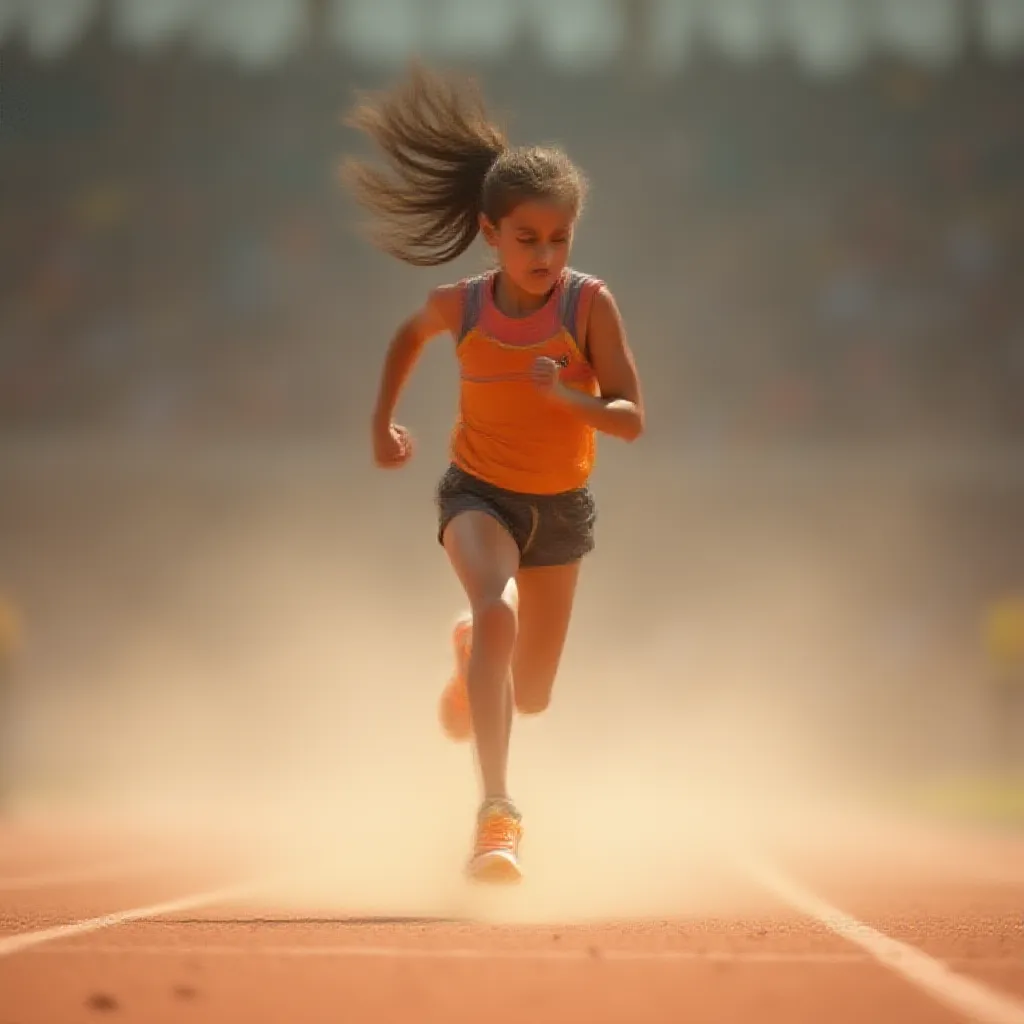 A young girl energetically running on a well-trodden athletic track, her ponytail swaying rhythmically with each stride she takes. The roar of the crowd around the arena fades into a subtle hum as she focuses on the finish line just meters away. Dressed in a vibrant running attire, and her feet clad in neon running shoes, she kicks up a flurry of dust as she pushes forward on the gravel track, her determined face reflecting the intense passion she holds for the sport.