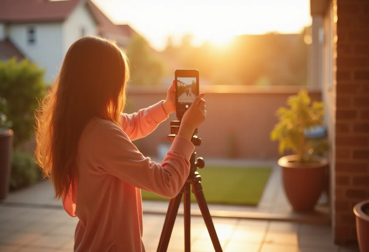 A young, vibrant girl is on a mission to create an engaging Instagram reel on the sunlit terrace of her suburban home. She is enthusiastically planning to capture compelling content that accurately presents her creativity and spontaneity to her followers on the popular social media platform. With the sun casting natural, warm rays over the backdrop, she sets her phone on a tripod, ready to record her choreographed dance routine that she impeccably crafted to sync with the trending beats. Her lively spirit is buzzing with excitement as she endeavors to produce a captivating Instagram reel that entertains and resonates with her digital audience. in the style of TOK a trtcrd tarot style