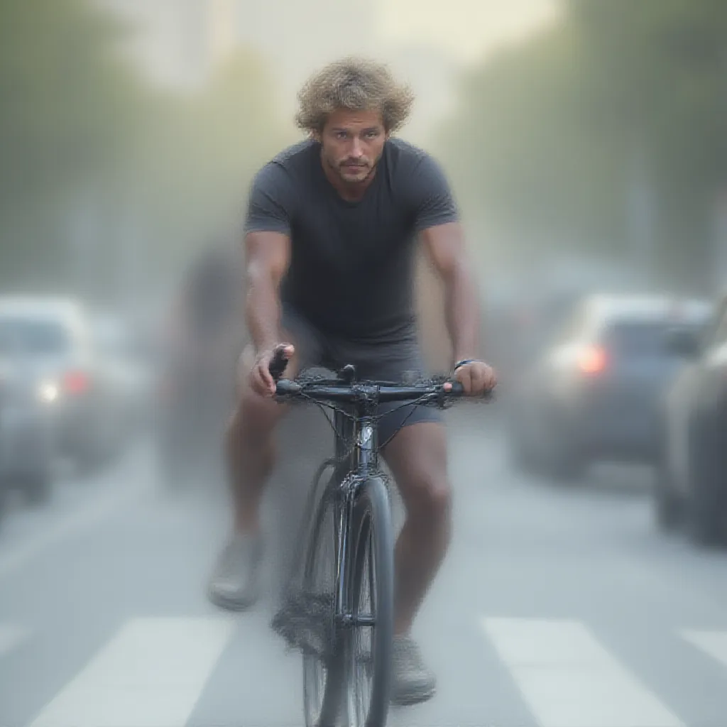 An adult man energetically pedaling a sleek, modern bicycle down a bustling city street, his focused gaze fixed on the road ahead. The soft breeze ruffles his hair as he maneuvers between the cars, displaying a level of skill that comes only from regular practice, his muscles straining with the exertion. Even amidst the urban chaos, there are hints of freedom in his movement - a testament to his love for bike-riding.