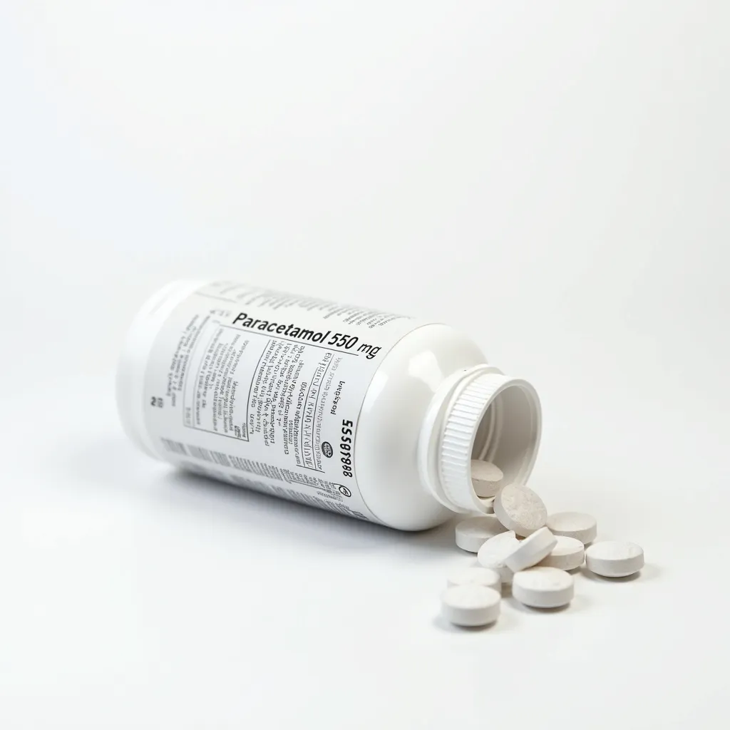 A sleek medical supplement bottle for paracetamol on a white background, featuring the text logo 'TECHBOAT' at the top in a clean font. The bottle lies on its side with the label clearly visible, displaying detailed information: 'Paracetamol 550mg,' 'Pain Reliever and Fever Reducer,' dosage instructions, warnings, storage information, and a barcode. A few pills are spilled out of the open cap, adding a dynamic touch to the composition. The design is minimalistic with a white and subtle accent color scheme, and soft lighting highlights the scene for a professional look.