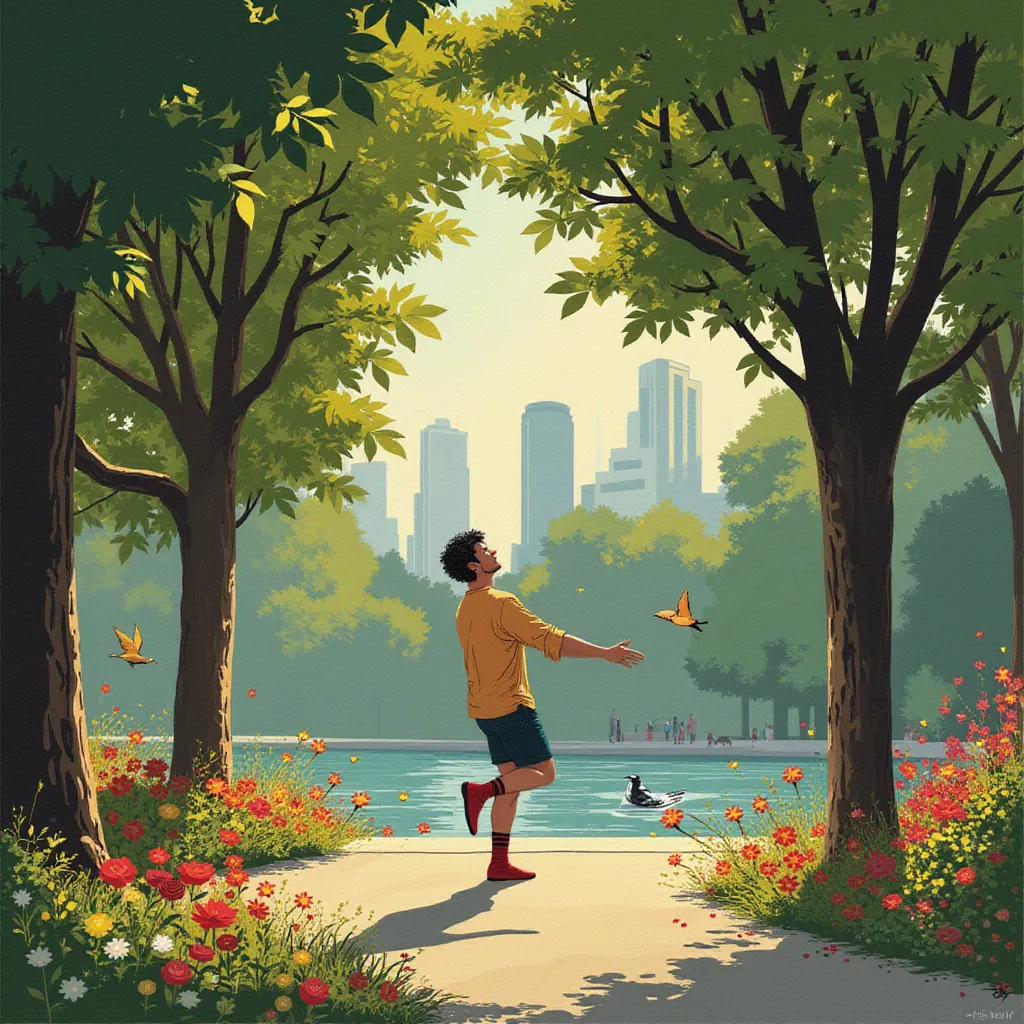 In the tranquil serenity of a well-maintained urban park, a man finds himself lost in his own world. Buried among the towering, lush green trees that provide a comforting canopy against the city's commotion, he is rhythmically swaying, entirely engrossed in the act of dancing. The park, with its colorful floral arrangements, chirping birds, and a calm lake whispering ripples against the bank, provides the perfect backdrop for his isolated, joyful moment.

The man's eyes, renowned windows to the soul, have been caught by a lady's captivating presence. She is directly in his line of sight, their gaze interlocking, creating a special moment that transcends the setting's peace. Her captivating allure and radiant sight have mesmerized him, forging an unspoken bond that electrifies the afternoon air.

In the backdraft of this picturesque scene, the soundtrack of his life plays on. His favorite song, emanating from his pocket device, fills the immediate surroundings with harmonies and rhythms that seem to pluck at the very strings of his being. Each note, each lyrical phrase, resonating with his inner feelings, intensifying the connection he feels with the enchanting stranger amidst the vibrant landscape. It's as if the universe has created a symphony just for them, orchestrating an unforgettable dance in the park. in the style of TOK a trtcrd tarot style