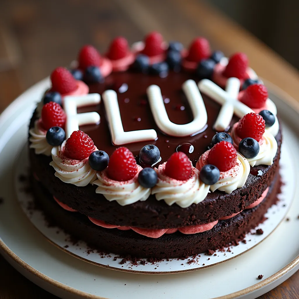 black forest gateau cake spelling out the words "FLUX DEV", tasty, food photography, dynamic shot