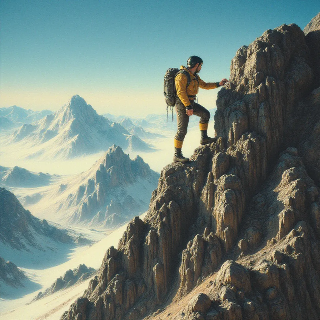 a man climbing a mountain in retrofuturism style