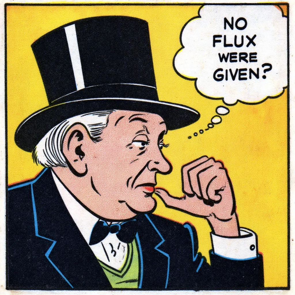 c0m1c style vintage 1930s style comic strip panel of a rich old man wearing a top hat and dapper suit deep in thought, thinking with a thought bubble that reads "No FLUX were given?"  