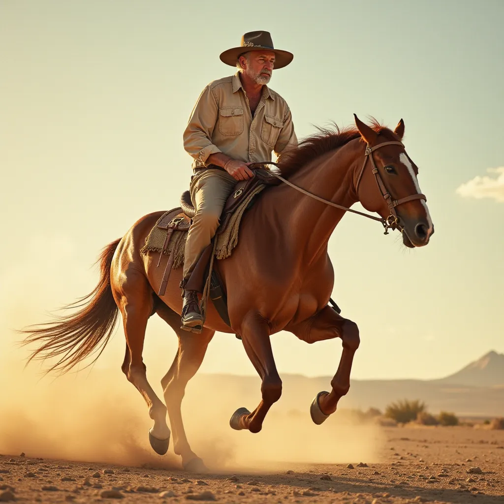 A middle-aged man, clad in a tattered cowboy hat and sun-bleached attire, confidently straddling a powerful chestnut stallion as it gallops at breakneck speed across the dusty plains under the searing afternoon sun. The pair moves in perfect synchrony as the man holds on firmly to the reins, with his eyes strictly set on the distant horizon. A fascinating sense of freedom and courage can be felt as he thrusts forward, leaving a cloud of dust trailing behind them, a stunning testament to human-animal companionship.
 in the style of TOK a trtcrd tarot style
