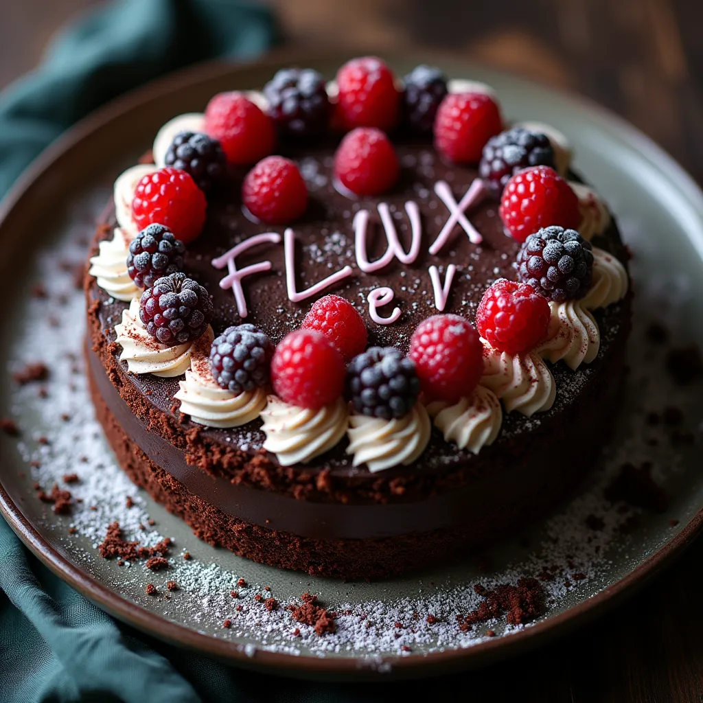 black forest gateau cake spelling out the words \"FLUX DEV\", tasty, food photography, dynamic shot