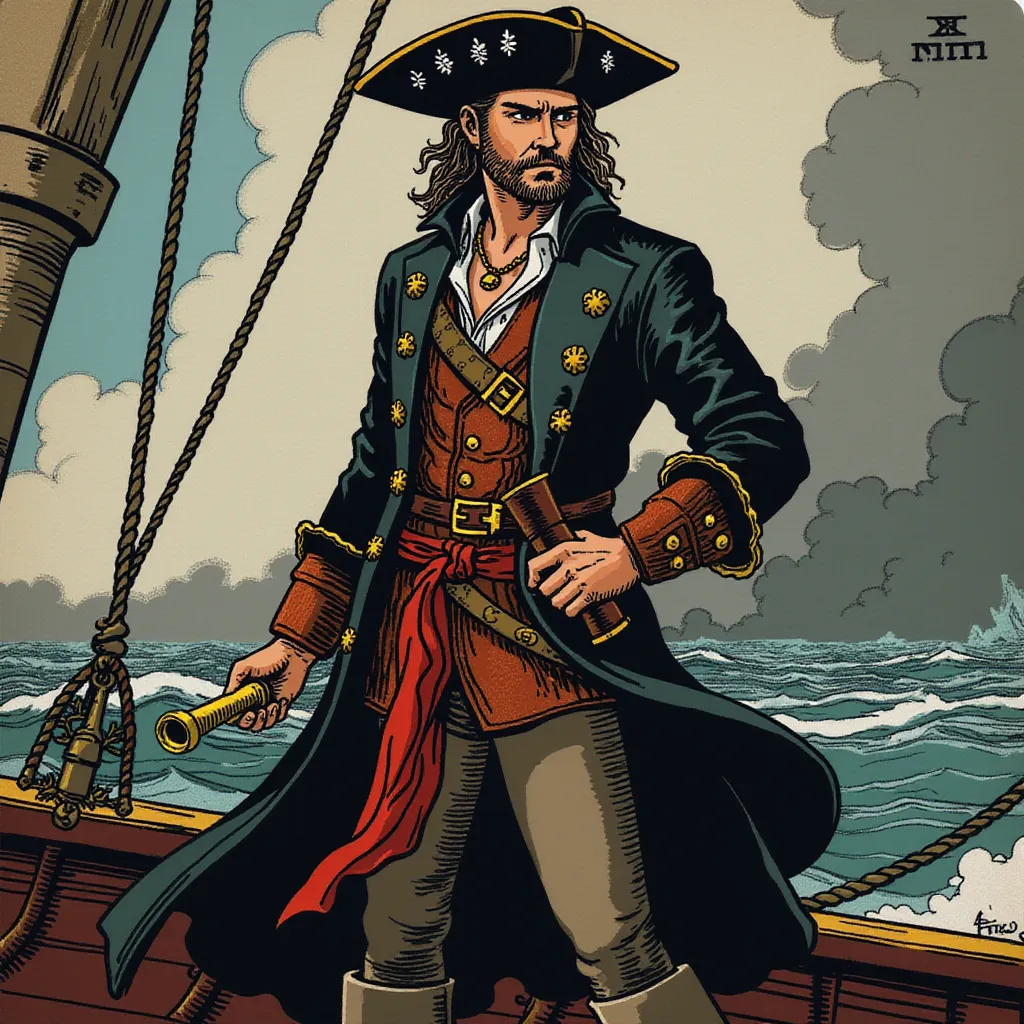 A confident pirate captain, waist-up, standing on the deck of an old wooden ship. Wearing a traditional tricorn hat and holding a spyglass in one hand, the captain has a stern yet charismatic expression. A rugged beard and a long coat with intricate details fluttering slightly in the sea breeze. The background hints at ocean waves and a brewing storm on the horizon, with dramatic lighting highlighting the captain's determined gaze. Flux style. in the style of TOK a trtcrd tarot style
