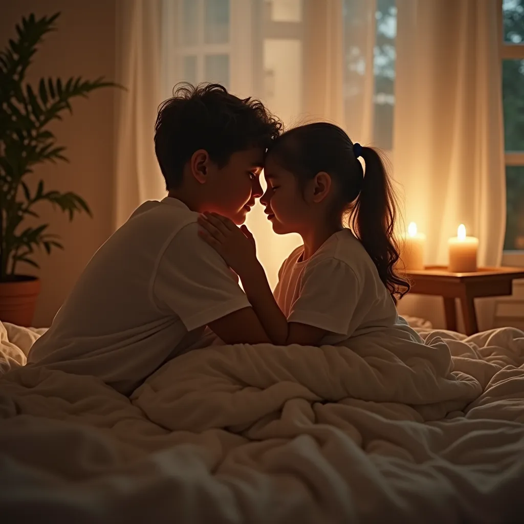 In the soft, warm glow of the bedroom, a girl and boy sit closely together on the bed, their bodies leaning into one another under the delicate weight of the blankets. Their breaths synchronize, gentle yet deep, as his hand rests softly on her back, bringing a sense of comfort. She leans in, her forehead touching his, and they share a moment filled with warmth and connection. The room is quiet, save for the gentle rustle of the blankets and the steady rhythm of their hearts, each pulse echoing the bond they share. Their eyes meet, filled with unspoken emotions, as they savor the closeness, completely immersed in the moment, where time seems to stand still