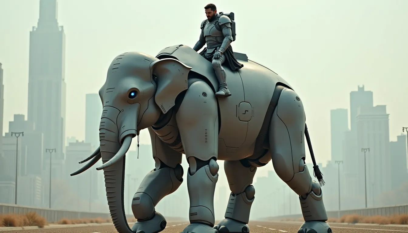 In the distant future, a solitary man, clad in a futuristic suit of armor, is perched upon an enormous, uncannily lifelike robot, modeled exquisitely after an elephant. This is not your ordinary elephant, but a robotic marvel, its realistic hide shrouded in a metallic sheen, while its articulate limbs resonate with quiet power. Its eyes, piercing and illuminated, blink in a gentle rhythm with an unmistakable electric glow. The man, with a confident grip on the hulking contraption's reins, manoeuvres deftly, his stance firm and unyielding, while the towering robotic creature beneath him responds with surprising grace. Their synergy is a testament to the unbreakable camaraderie between man and machine, each moving in rhythm with the other against the backdrop of a sprawling, futuristic cityscape.