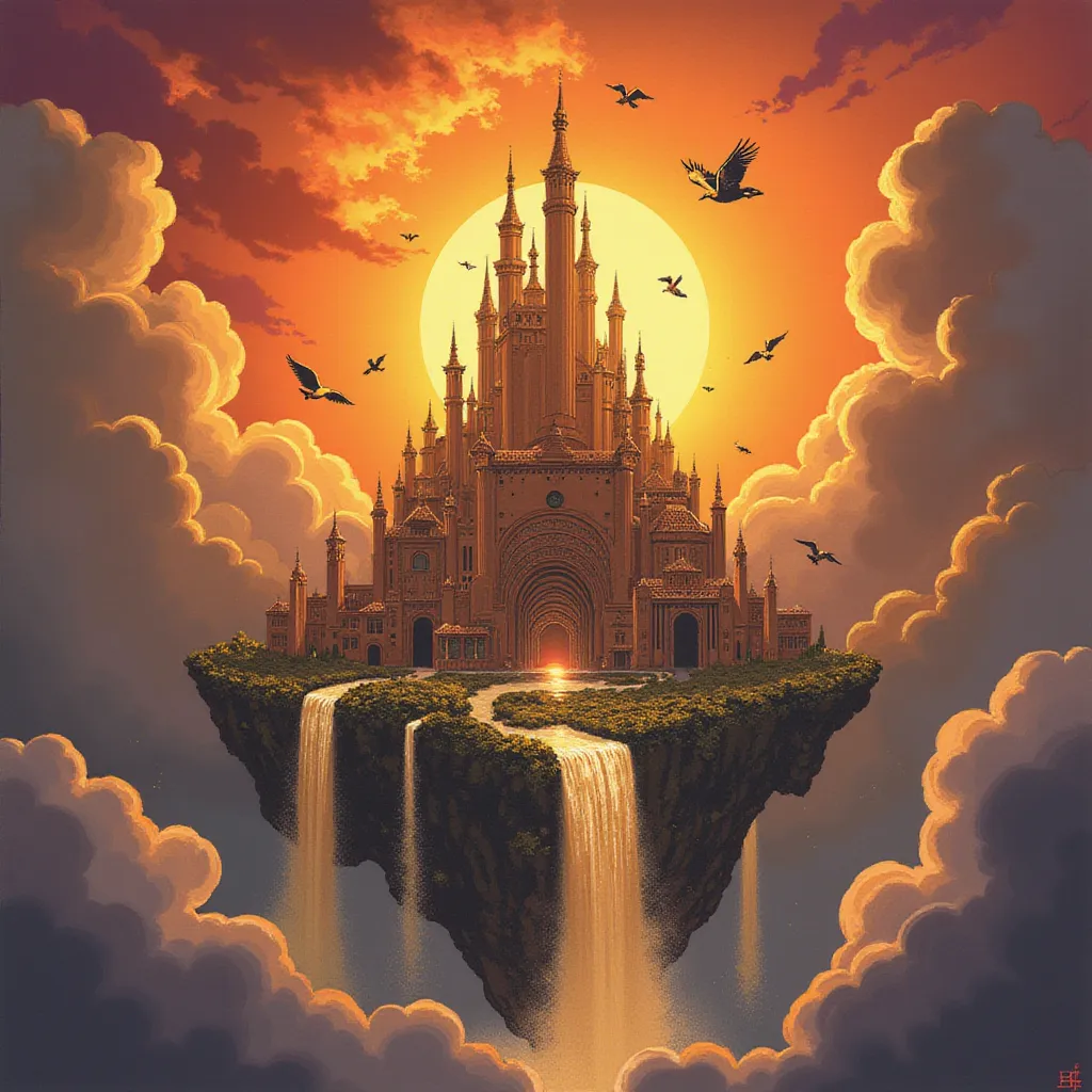 Immersed in the breath-taking embrace of a flaming sunset, lies a mesmerizing city. A floating miracle, suffused with an ethereal glow, suspended delically amidst clouds tinged with gold, orange, and purple hues. Each towering structure is a masterpiece, echoing a distinct fantasy art style. Intricate, graceful arcs and spirals etched onto the surfaces of the buildings orchestrate a harmonious symphony, portraying an otherworldly architectural design.

This effect is further amplified as numerous cascades of sparkling waterfalls rush from the city's ethereal edges, their shimmering paths traced with random rainbows as they plunge into the unseen abyss beneath the city. Their constant, soothing, musical murmur creates a hypnotic symphony that compliments the very essence of this dreamlike setting.

Adding splashes of vibrant colors against the warm shades of the setting sun, an array of exotic birds encircle the city. Every species flourishes with unique, rich plumes, their exquisite hues intensifying in the sunset's honeyed glow. Diving, twisting, and soaring in harmonious formation, their presence imparts a lively animation to the otherwise silent cityscape.

This image vividly imprints an otherworldly beauty on the canvas of observers' minds, marrying earthy architectural charm with untamed nature's magnificence, all illuminated under a magical twilight glow. in the style of TOK a trtcrd tarot style