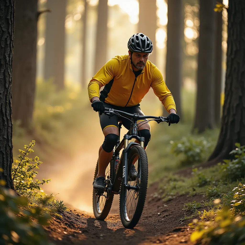 A middle-aged man dressed in a bright cycling suit is riding a mountain bike through a densely wooded trail. The striking sunlight filtering through the towering trees casting long, streaky shadows over him. He is wearing protective gear - a sturdy helmet, knee and elbow pads, and a pair of gloves. Through the winding path, he maneuvers skillfully, his intense focus mirrored in his determined eyes. The fantastically cool wind blusters against his face, making his cycling experience adventurous and exhilarating. His muscular legs pedal rhythmically, each revolution synonymous with the racing pace of his heart. in the style of TOK a trtcrd tarot style