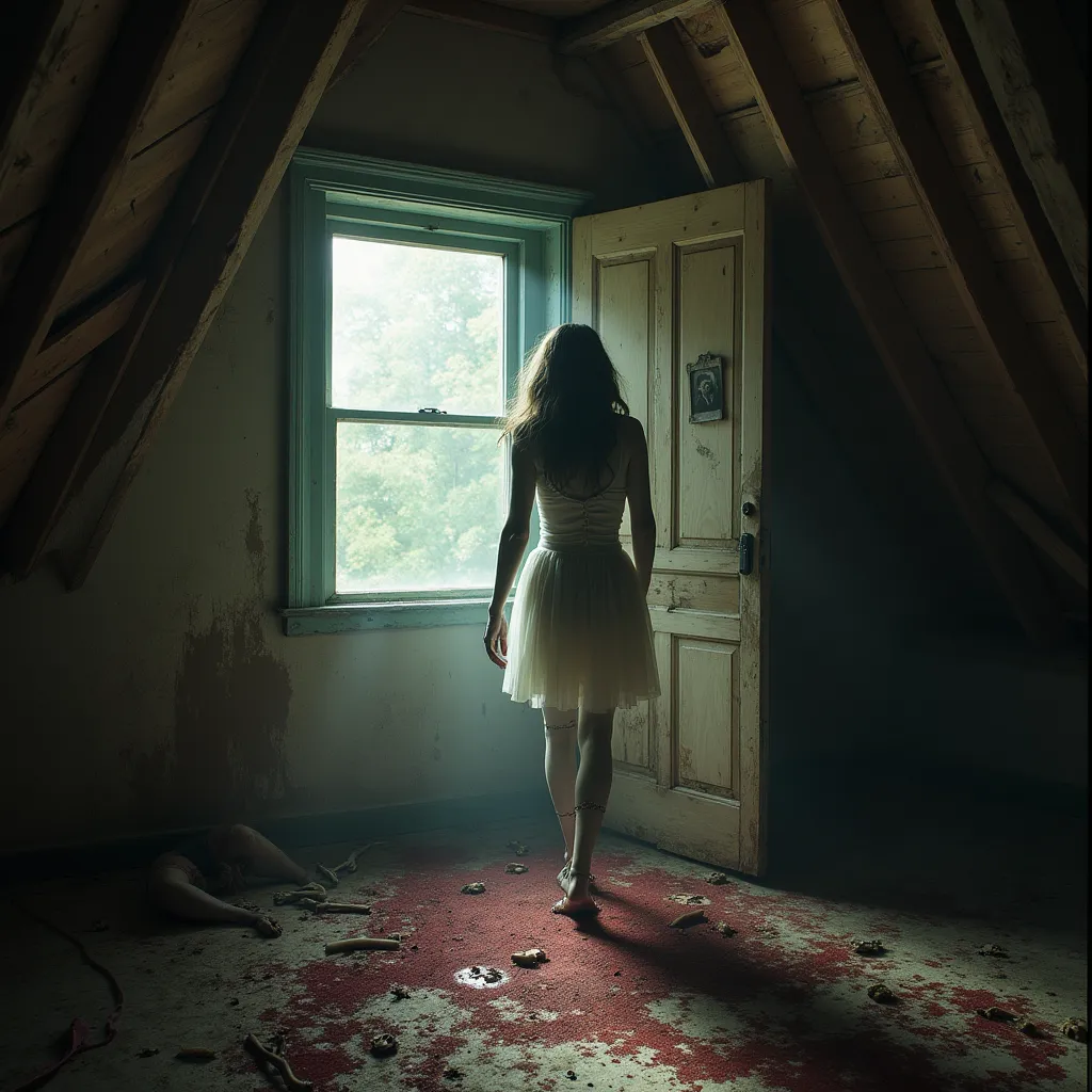 You find yourself trapped high in the derelict attic, your company consisting of the chilling relics of those who met their mortal end before you. Countless aged photographs, their subjects' once vibrant eyes fading to a cold blank stare, lay strewn about. Fabric relics, unmistakably clothing once, maltreated by time, lay haphazardly around you, ghastly bloodstains blaring evidence of their owners' cruel demise. The atmosphere is heavy and stifling; the rich odor of decay and terror clogs your nostrils, permeates your very pores, invading your lungs every time you draw a breath.

Beyond the attic door, you hear the persistent scratch— a grotesque symphony of Diana's long, eerily skeletal, claw-like fingers raking against the aged wood. Each scratch weaves a macabre image, as trails of sticky crimson testify to her fervor. Her voice, a haunting lullaby of threats and torment, reverberates around you, overwhelming every sense. Amid the chilling symphony of horror, you discern her sobs— gut-wrenching, heart-tearing cries of sorrow. A part of you feels compelled to lend comfort, but wisdom reminds you of the trap it has become. 

Suddenly, your attention is caught by a spectral figure materializing before you. An apparition of a once-lady, her figure dissolved by an eternity of suffering and bitterness. Her leg is grotesquely twisted; bones jut out unnaturally, ripped flesh mocking the semblance of the woman she once was. The unsettling reality that she hovers in front of you, draped in nothing but the raw elements of her ethereal form sends a sharp shudder down your spine. She drifts toward you, an ominous wisp of ghostly intimidation.