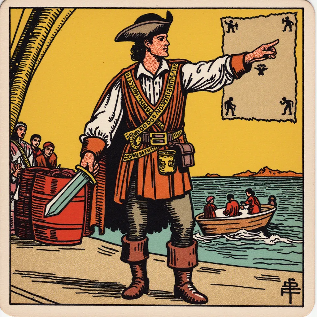 A determined pirate quartermaster standing on the deck, pointing towards a treasure map with one hand while holding a sword in the other. Dressed in a leather vest, belt with pistols, and sturdy boots. The expression is assertive and calculating, showing leadership qualities. The background features barrels of supplies and crew members working only weist-up image in the style of TOK a trtcrd tarot style