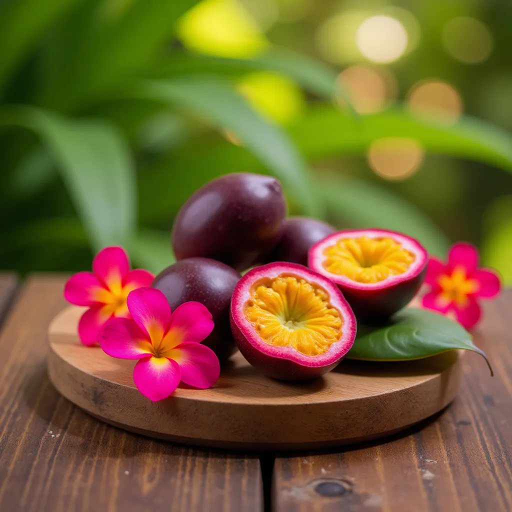 Vibrant and colorful still life photograph featuring a rustic wooden table as the base. On the table, there is a round wooden platter holding several passion fruits, one of which is cut open to reveal its bright yellow, seed-filled interior. The passion fruits have a deep purple exterior. Surrounding the fruits are vivid pink and orange plumeria flowers, adding a tropical touch to the composition. The background is softly blurred with a bokeh effect, showcasing lush green leaves and creating a serene, natural atmosphere. The lighting is warm and soft, highlighting the textures and colors of the fruits and flowers, and casting gentle shadows on the table surface. The overall layout is balanced and aesthetically pleasing, with a harmonious blend of natural elements and colors.
Make the Maracuja look realistic and and some more flowers and leafs