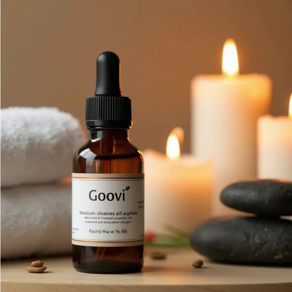 GOOVI essential oil bottle with a serene spa vibe, surrounded by candles, stones, and a towel, promoting relaxation and wellness.
