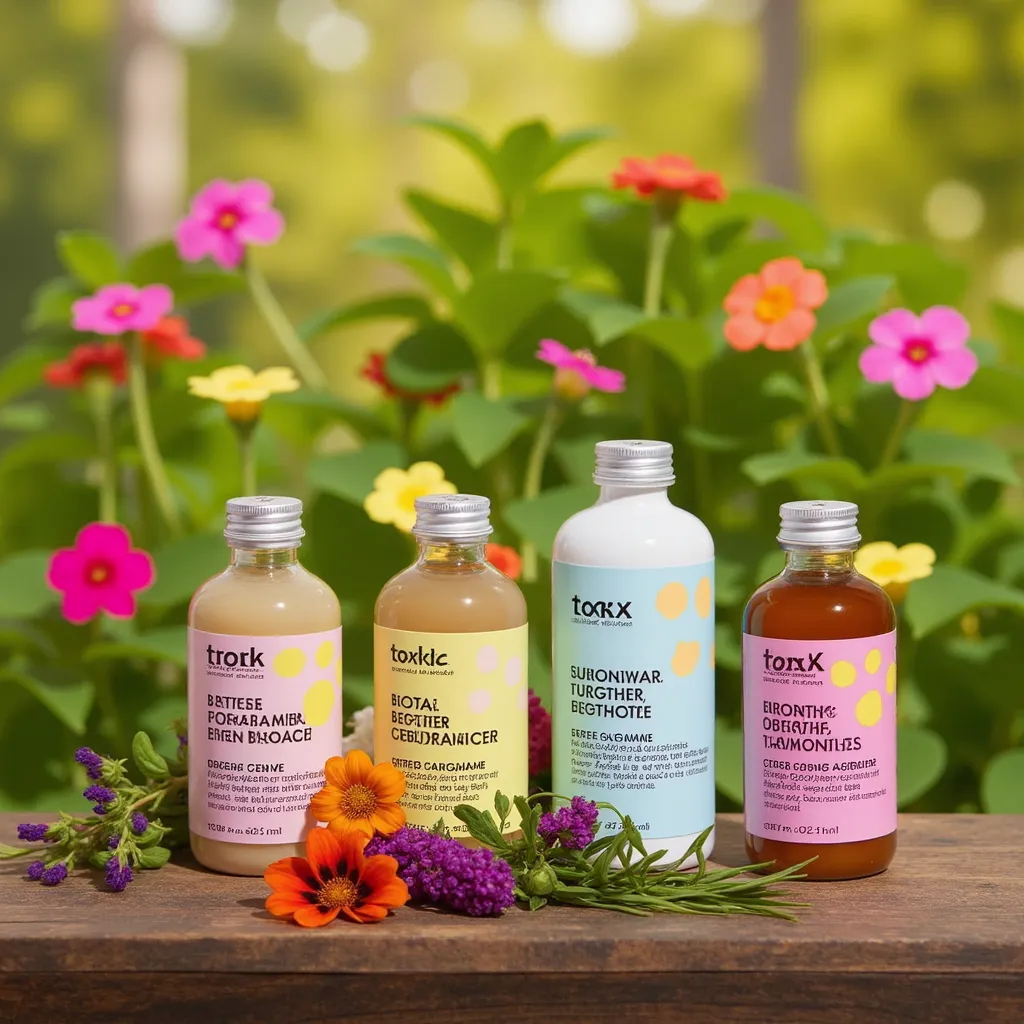 skincare bottles arranged on a rustic wooden table in a blooming garden, surrounded by vibrant flowers and fresh herbs. in TOK style